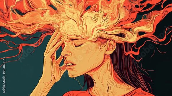 Fototapeta A woman experiencing intense and debilitating pain from a severe headache
