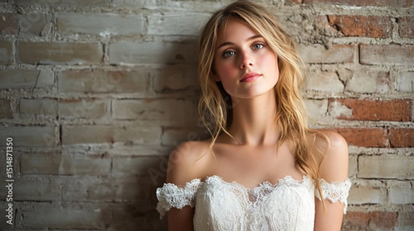 Fototapeta A Woman in a Radiant White Dress Posing Gracefully Against a Weathered Brick Wall, Bathed in Soft Lighting