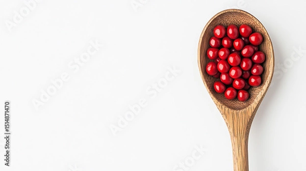 Fototapeta A wooden spoon filled with vibrant red azuki beans, set against a clean white background
