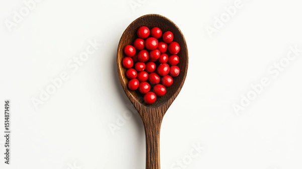 Fototapeta A wooden spoon filled with vibrant red azuki beans, set against a clean white background