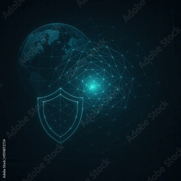 Fototapeta Global Cyber Defense Core with Shield and Wireframe Earth