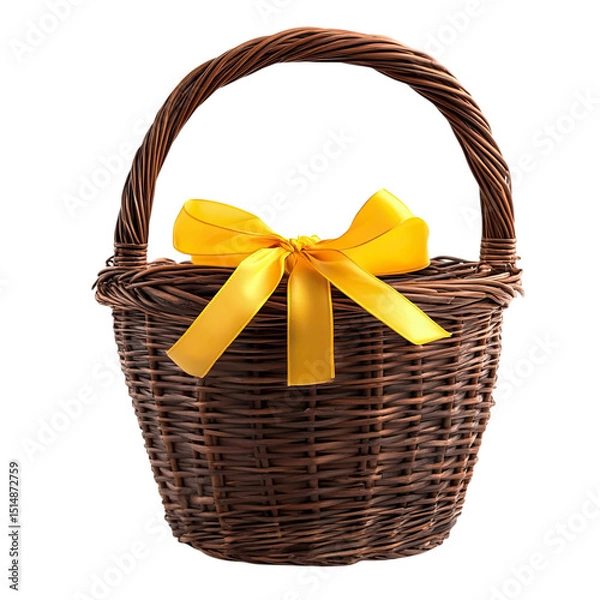 Fototapeta Wicker Basket Charm Rustic Brown with Yellow Bow, and Isolated Still Life.