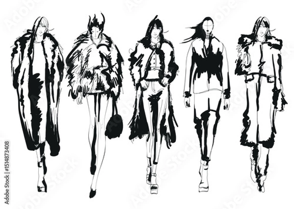 Fototapeta Beautiful young girl in stylish clothes set. Fashion woman look. Sale concept. Hand-drawn fashion illustration. Cute girl in fashion clothes.