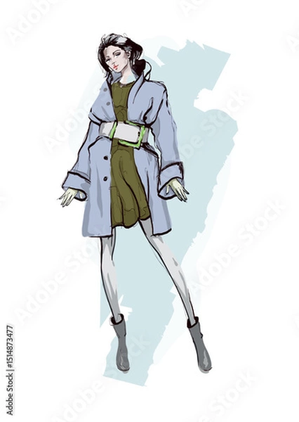 Fototapeta Beautiful young girl in stylish clothes. Fashion woman look. Sale concept. Hand-drawn fashion illustration. Cute girl in fashion clothes.