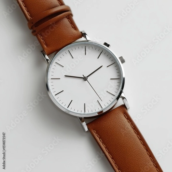 Fototapeta Minimalist wristwatch with leather strap displayed on a white background showcasing modern design and elegance for everyday wear