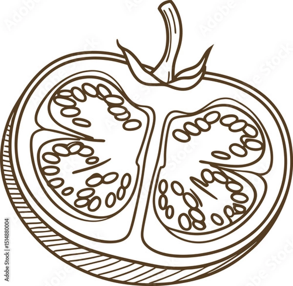 Obraz Sliced tomato illustration, halved vegetable with visible seeds and sections, hand drawn outline sketch
