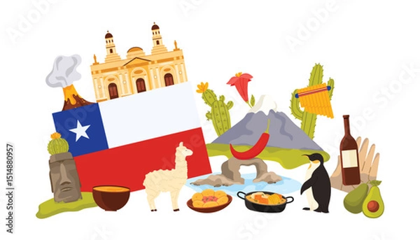 Obraz Travel to Chile, culture and landmark, food in infographic collage banner. Andes mountains and Chilean bellflower, big flag and Moai statues, Cathedral and Chili con carne cartoon vector illustration