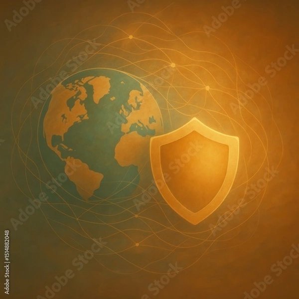 Fototapeta Warm Abstract Global Cybersecurity with Shield and Earth Illustration