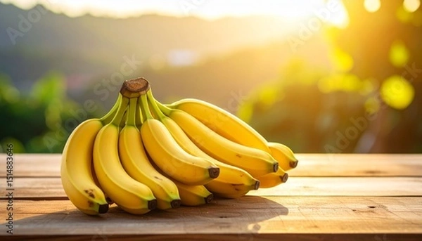 Fototapeta Hyper-Realistic Ripe Bananas on Rustic Wooden Table – Premium Food Imagery
