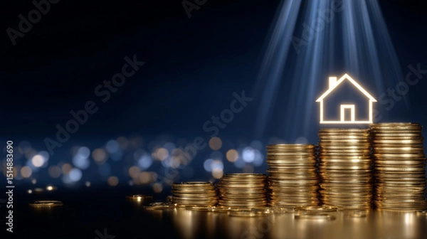 Fototapeta Glowing 3D house icon resting atop a towering stack of golden coins, radiant light beams emanating upward, set against a sleek dark gradient background symbolizing prosperity and r