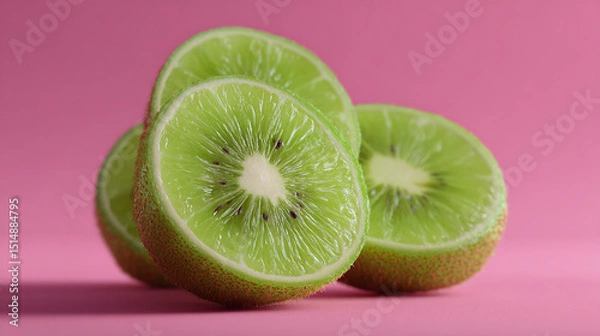 Fototapeta Sliced kiwi fruit on soft pink background, vibrant green texture, juicy tropical detail, clean and minimal composition for healthy food concepts