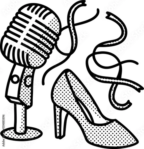 Obraz Vintage microphone and high heel shoe, retro performance, singing and fashion illustration
