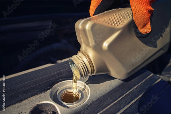 Fototapeta Oil change. Closeup of mechanic's hand pouring motor oil into car engine during an oil change service, regular vehicle maintenance. Selective focus.
