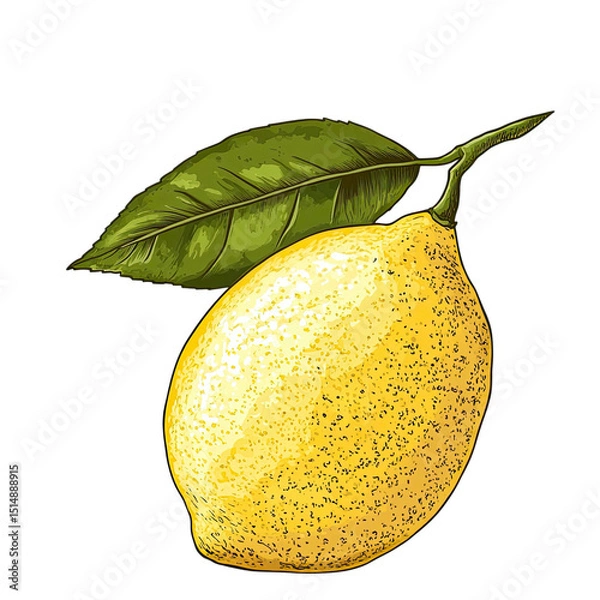 Fototapeta Zesty Lemon Handdrawn citrus fruit with leaf on a black background.