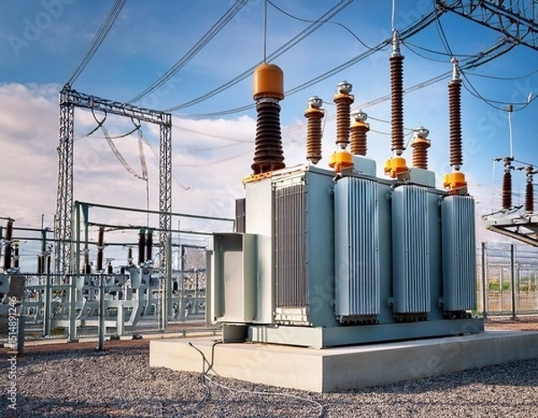 Fototapeta high voltage transformer in contemporary energy facility for efficient power distribution