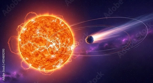Obraz Dynamic space scene with fiery orange star and planet with tail orbiting in cosmic environment