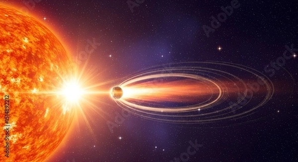 Obraz Illustration of a blazing sun and orbiting planet emitting glowing trails in deep space
