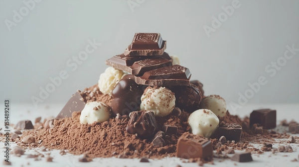 Fototapeta Pile of Assorted Chocolate Truffles and Bars on Cocoa Powder with White Background
