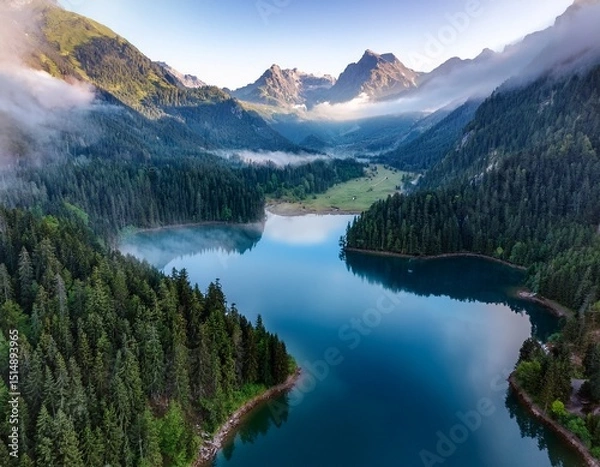 Fototapeta scenic aerial view of a lake surrounded by mountains and fog
