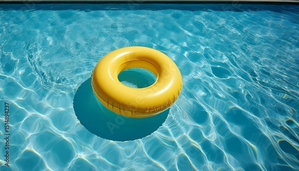 Fototapeta swimming pool inner tube floating in the clear pool yellow inner tube banner inflatable ring background top view