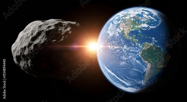 Obraz Massive asteroid passing near Earth with bright sun flare in space, showing dramatic cosmic encounter