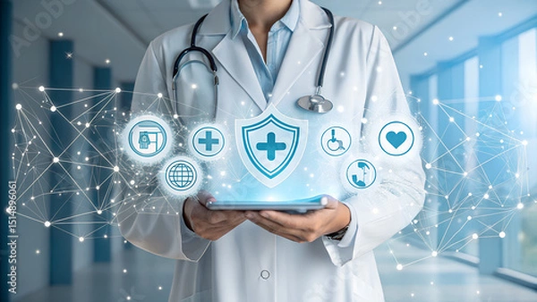 Obraz Doctor holding a tablet with medical icons and a shield in a hospital hallway setting