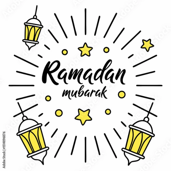 Fototapeta Hand-lettered "Happy Ramadan Mubarak" with glowing lanterns and twinkling stars for festive digital use