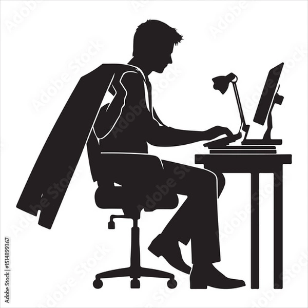 Fototapeta single parson office work on computers clean one  silhouettes  and Graphic, vector black color silhouette 