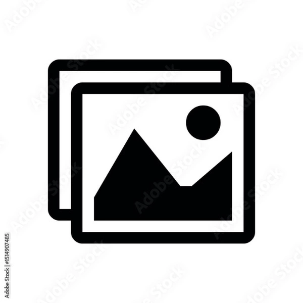 Fototapeta A black icon of two overlapping picture frames, with the front frame showing a simplified landscape of mountains and a sun/moon. It represents images, galleries, photos, or multimedia content