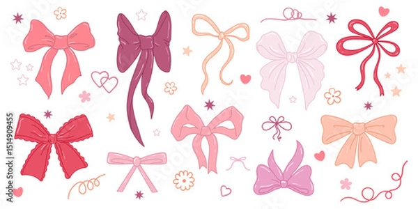 Fototapeta Set of hand-drawn decorative multi-colored bows. Collection includes various ribbon bows with different shapes, sizes, and tie styles, suitable for design projects, greeting cards, packaging, fashion