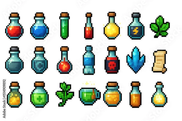 Obraz Collection of Colorful Potion Bottles and Magical Items in Pixel Art