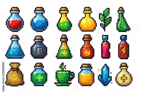 Obraz Colorful Potion Bottles and Magical Items in Pixel Art Style