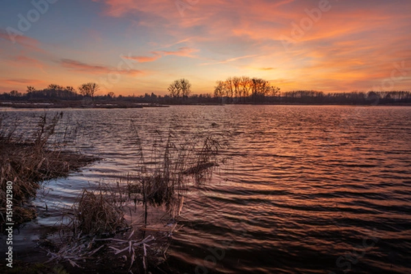 Fototapeta Still Lake and Reeds Under Colorful Evening Sky