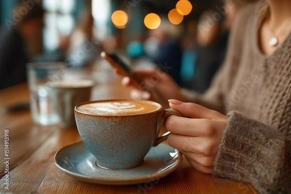 Obraz A cozy coffee moment with a cup of latte and a phone in a warm cafe atmosphere.
