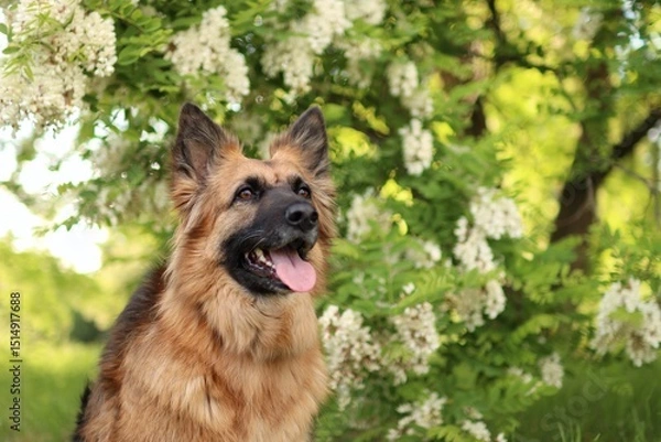 Fototapeta German Shepherd is in the park at sunset.