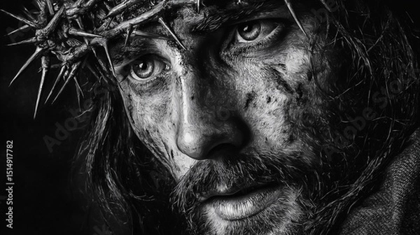 Obraz Crown of Thorns on a Weathered Face in Black and White