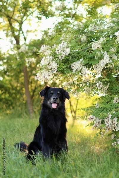 Fototapeta black crossbreed dog is in the park at sunset in spring.