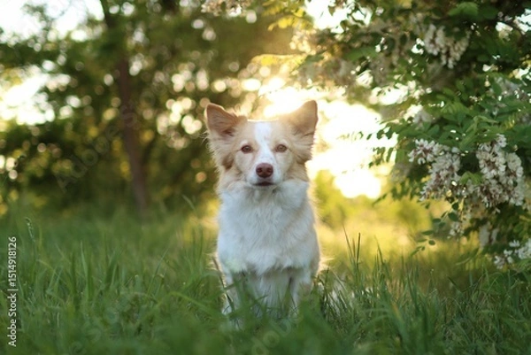 Fototapeta light crossbreed dog is in the park at sunset in spring.