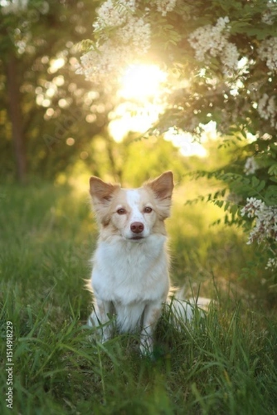 Fototapeta light crossbreed dog is in the park at sunset in spring.