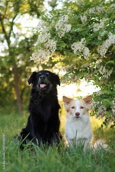 Fototapeta Two crossbreed dogs are in the park at sunset in spring.