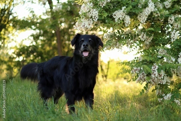 Fototapeta black crossbreed dog is in the park at sunset in spring.