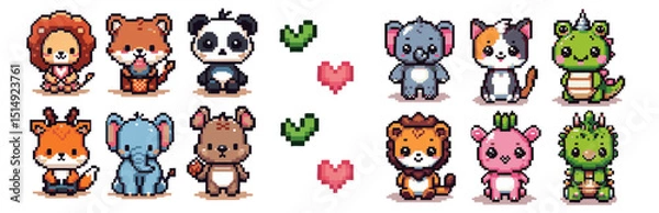 Obraz A set of adorable animals with pixel art style