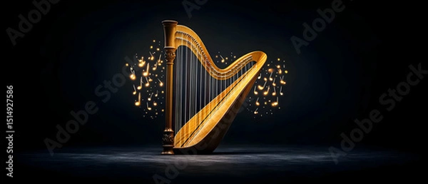 Fototapeta Golden Harp With Sparkling Musical Notes On Dark Background