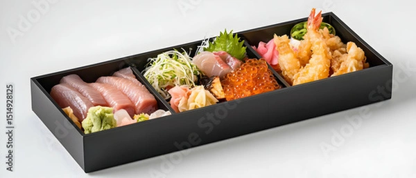 Fototapeta Assorted Japanese Bento Box Meal With Fish, Shrimp, And Tempura
