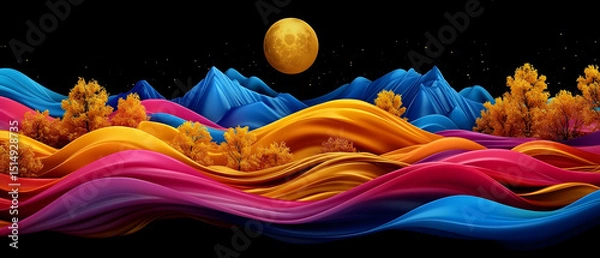 Fototapeta Abstract Colorful Liquid Landscape At Night With Moon