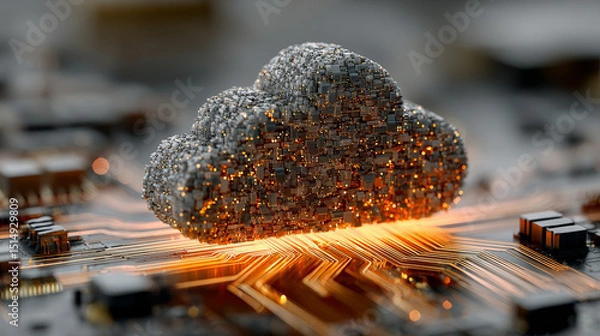 Fototapeta A striking 3D render showcasing a digital cloud emitting streams of data onto a detailed circuit board.  Generative AI