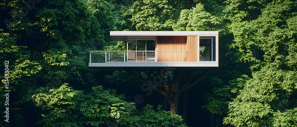 Fototapeta Modern Treehouse Cabin In Lush Forest