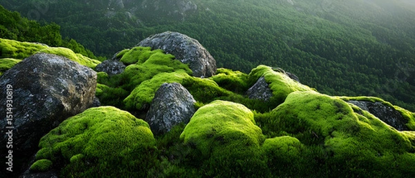 Fototapeta Green Moss Covered Rocks In Forest