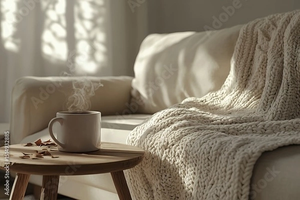 Obraz Cozy Autumn Morning: Warm Drink and Knit Blanket on a Sofa