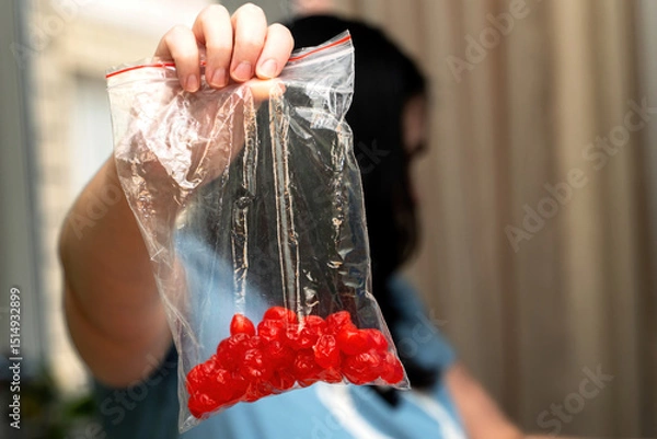 Fototapeta Woman's hand holding a zip-lock plastic bag with dried red berries, showcasing natural and healthy snack ingredients